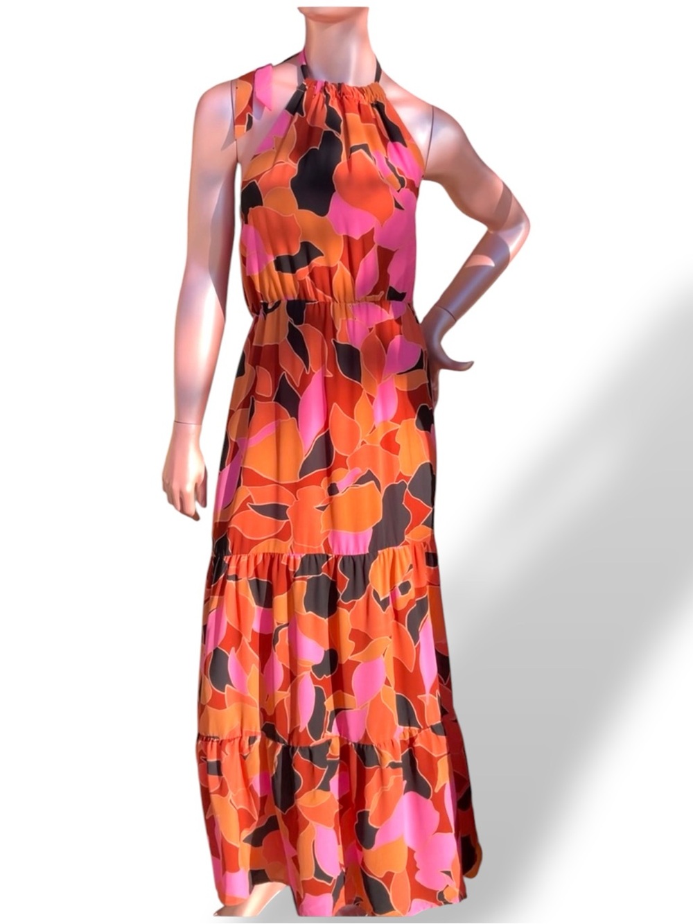 NWT Sanctuary Halter Maxi Dress backless Pink  black Orange Abstract print S M